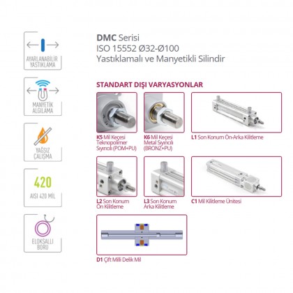 Pemaks DMCE-A 032-0065 Çift Etkili Manyetikli Yastıklamalı Pnömatik Silindir Pemaks DMCE-A 032-0065 Çift Etkili Manyetikli Yastıklamalı Pnömatik Silindir