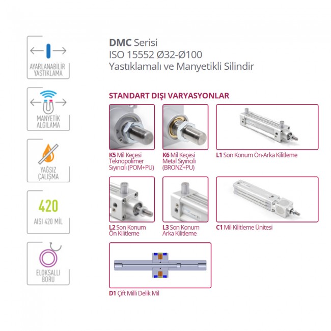 Pemaks DMCE-A 032-0190 Çift Etkili Manyetikli Yastıklamalı Pnömatik Silindir