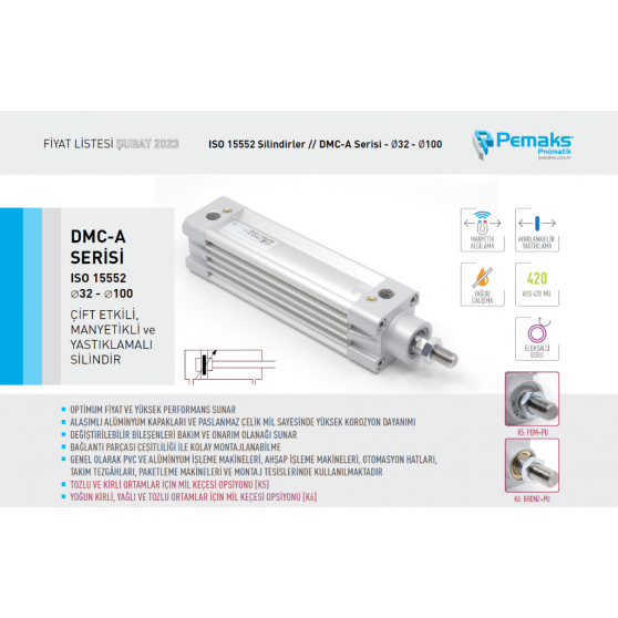 Pemaks DMCE-A 032-0300 Çift Etkili Manyetikli Yastıklamalı Silindir Pemaks DMCE-A 032-0300 Çift Etkili Manyetikli Yastıklamalı Silindir