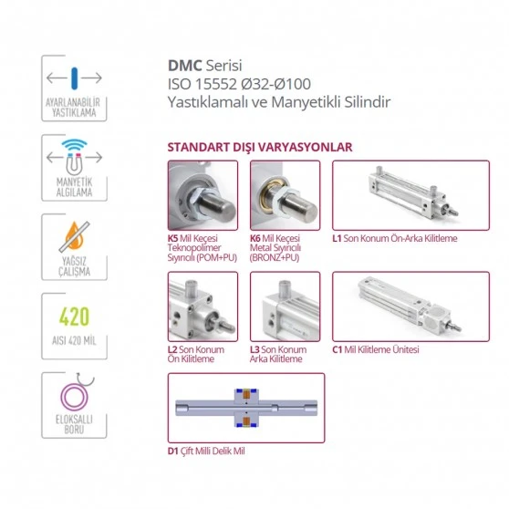 Pemaks DMCE-A 0100-0450 Çift Etkili Manyetikli Yastıklamalı Pnömatik Silindir Pemaks DMCE-A 0100-0450 Çift Etkili Manyetikli Yastıklamalı Pnömatik Silindir