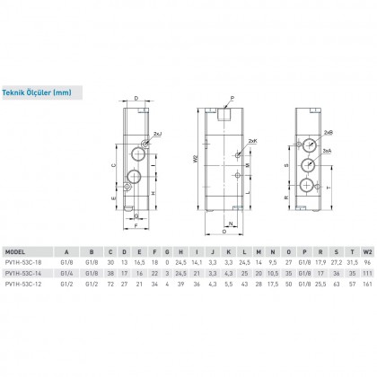 Pemaks PV1H Serisi 5/3-1/4 Hava - Hava Kapalı Merkez Solenoid Valf 
