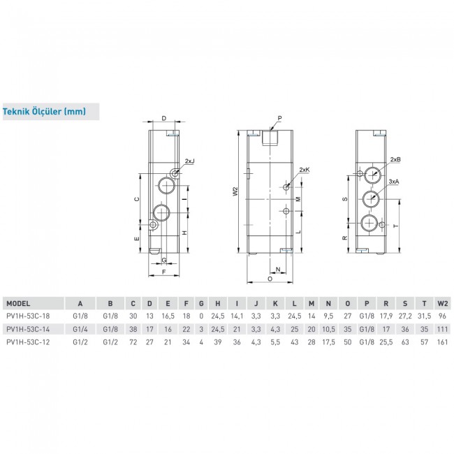 Pemaks PV1H Serisi 5/3-1/8 Hava - Hava Kapalı Merkez Solenoid Valf 