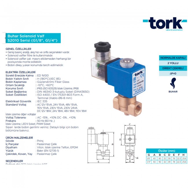 Sms Tork 1/2 Selenoid Buhar Vanası 0,5-5 Bar 14,5 mm Pirinç Bobinli N. Kapalı