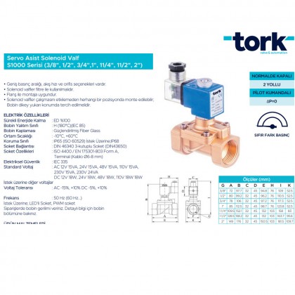 Sms Tork S1000.04 3/4" S1000 Servo Assist Genel Maksat Solenoid Vana 17mm  0-16 Bar Pirinç N. Kapalı