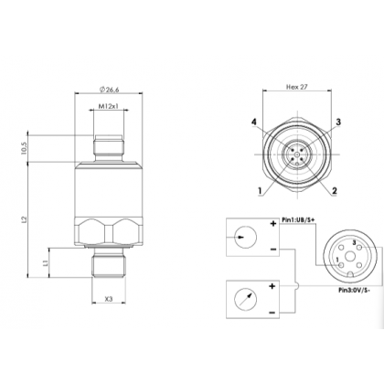 Euroswitch Transmitter 0-10 bar - 4-20mA  G 1/4 / M12x1 Konnektör Bağlantılı  / FKM ESP002026100